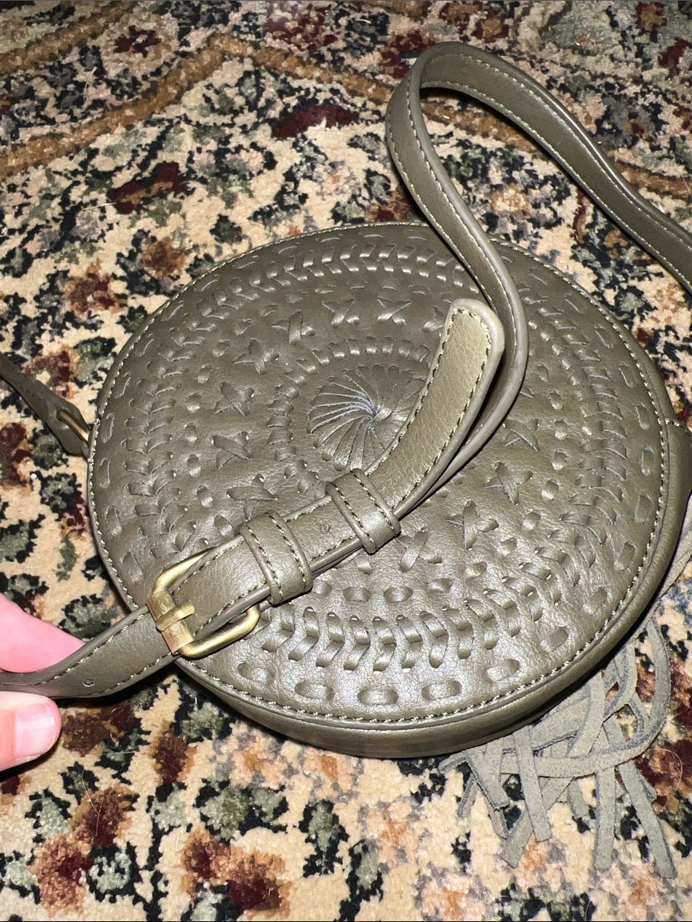 Round Olive Green Crossbody Bag with Tassel Accent